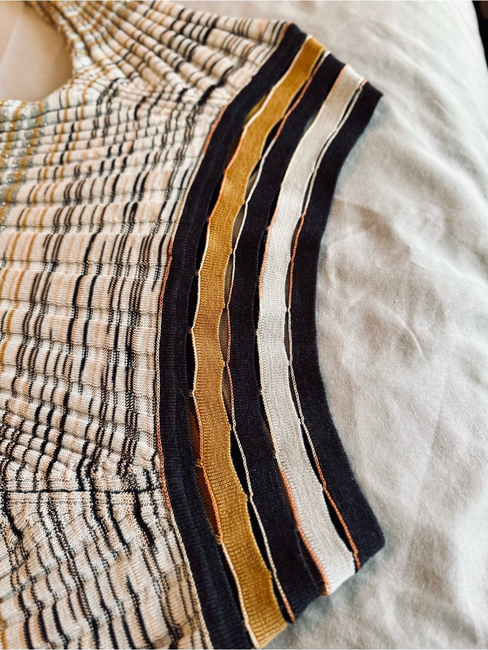 MISSONI Fitted Metallic Silver Black Gold Striped Ribbed Knit Midi Dress w Slip - Picture 9 of 16
